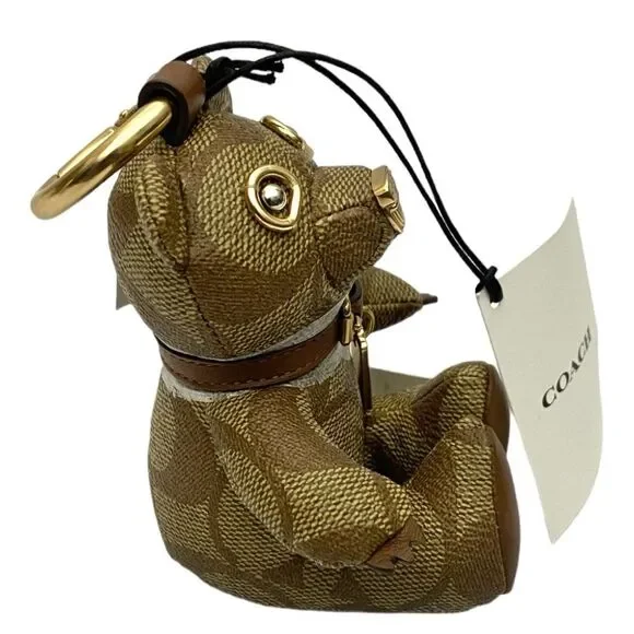 Coach Authentic Bear Bag Charm in Signature Canvas Leather - Gold/Khaki New - Picture 2 of 4
